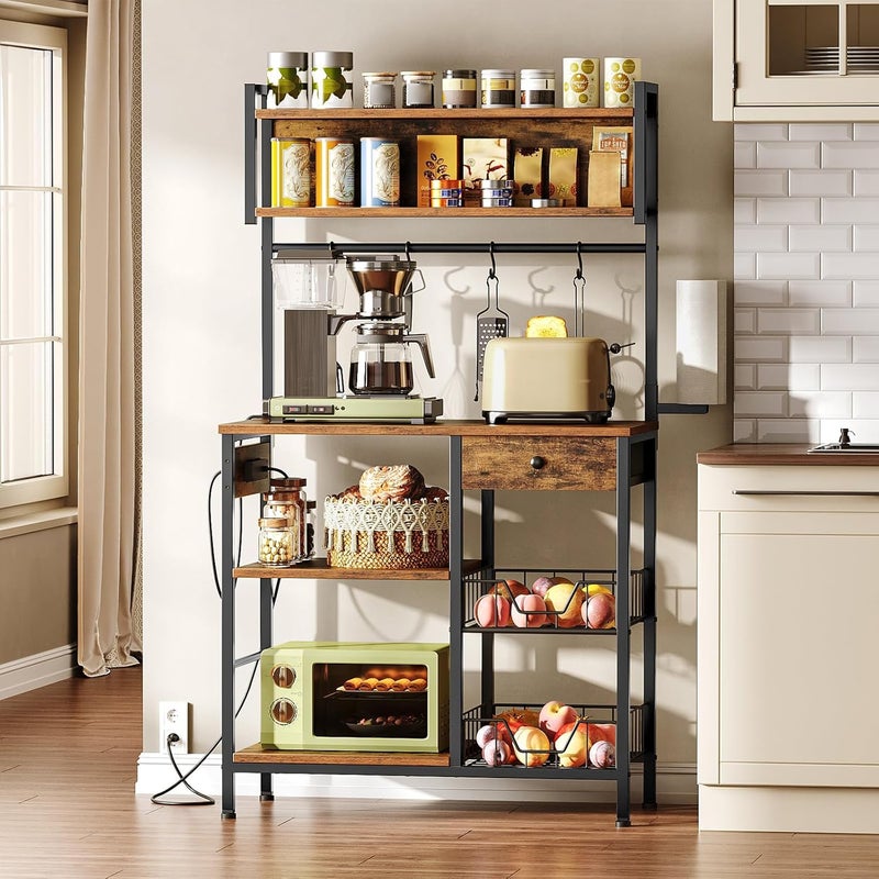 HOOBRO Bakers Rack with 4 AC Power Outlets, 5-Tier Coffee Bar with Wire Basket, Microwave Stand with Paper Holder and Drawer, Kitchen Storage Shelf, Rustic Brown and Black BF84UHB01 - Image 2